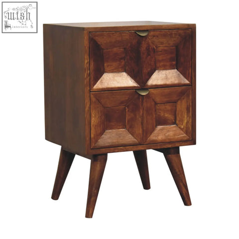 Dark wood quad bedside table with geometric inlaid drawers and tapered legs made of solid mango wood
