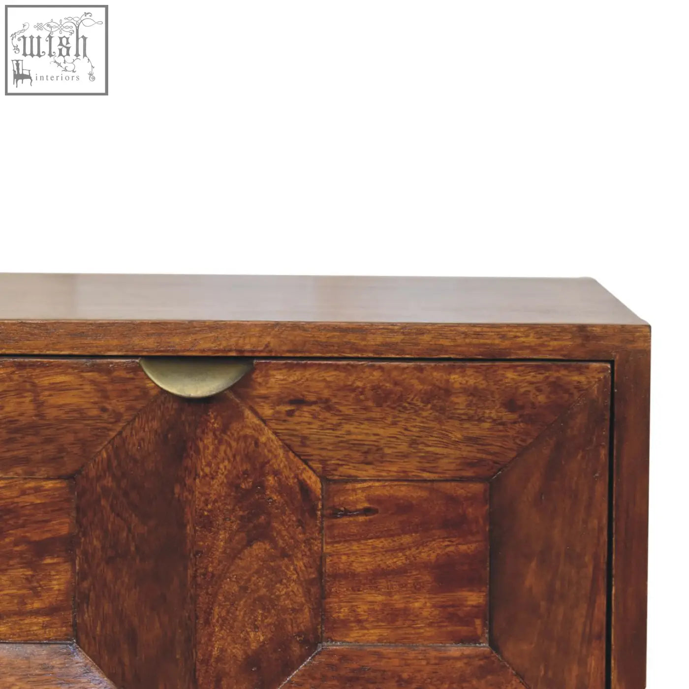 Rich warm-toned solid mango wood quad bedside table with geometric panel design and brass half-moon handle
