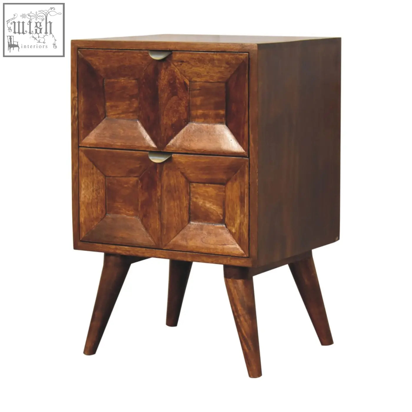 Rustic quad bedside table made of solid mango wood with two geometric carved drawers and tapered legs