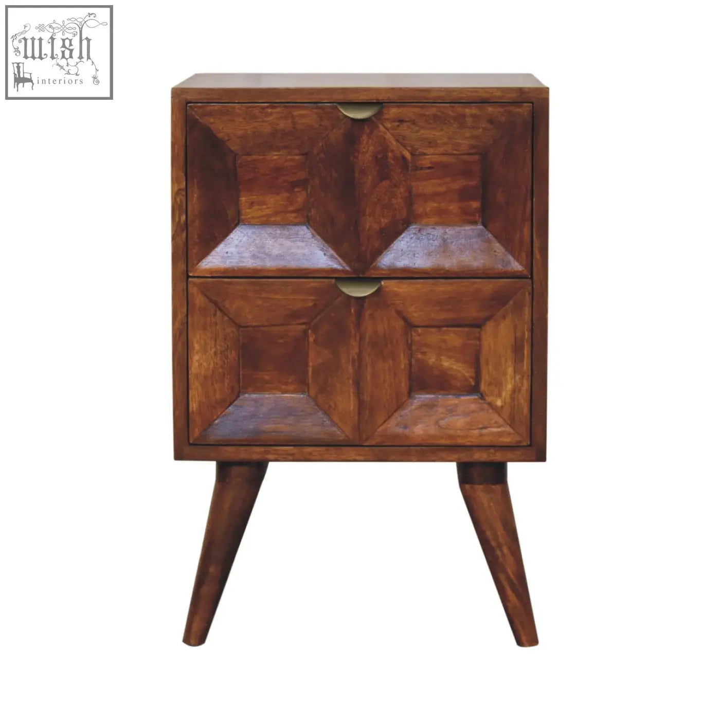 A rustic quad bedside table in solid mango wood with two geometric carved drawers and tapered legs
