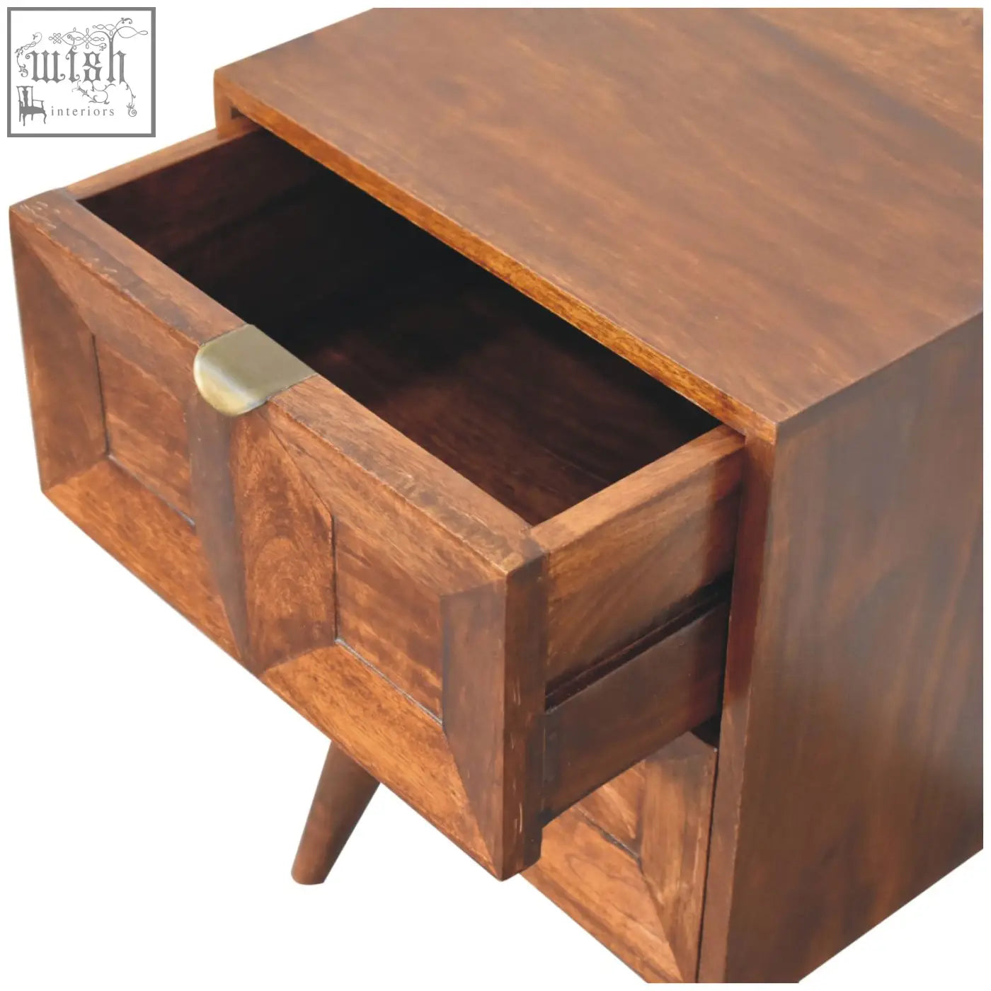 A warm brown quad bedside table made of solid mango wood with a single drawer and brass handle for bedroom use