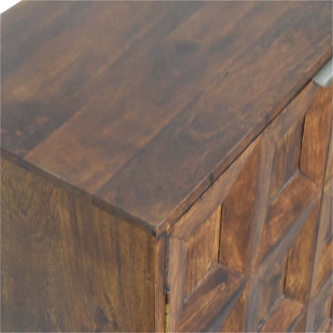 Dark brown quad cabinet with rustic handcrafted finish and visible grain patterns made of mango wood