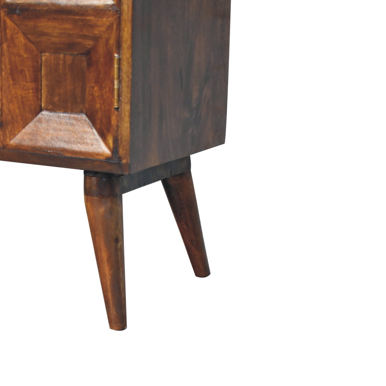 Dark wood quad cabinet nightstand with geometrically inset door and tapered legs made from mango wood