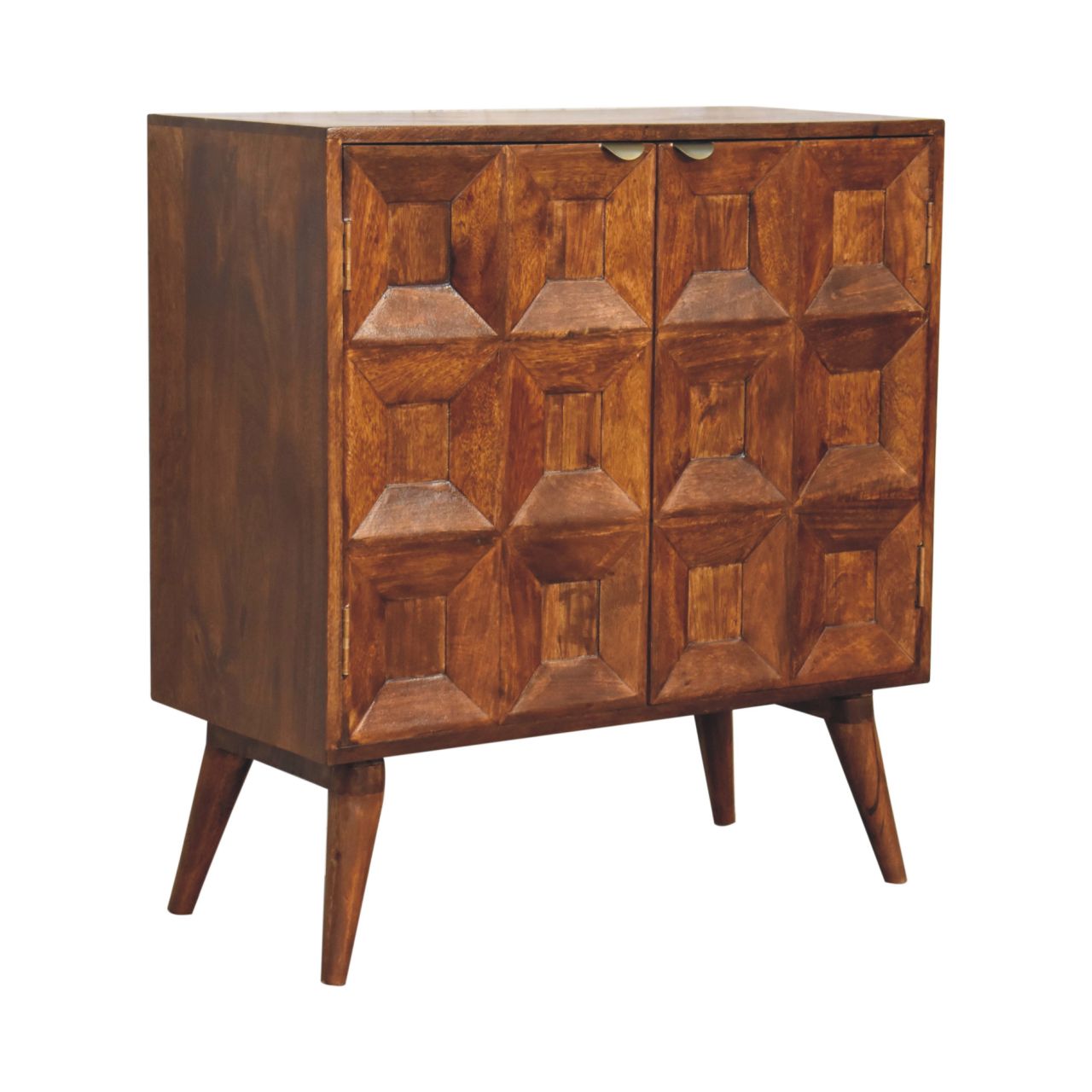 A mid-century modern quad cabinet with geometric raised panel doors and tapered legs made of mango wood