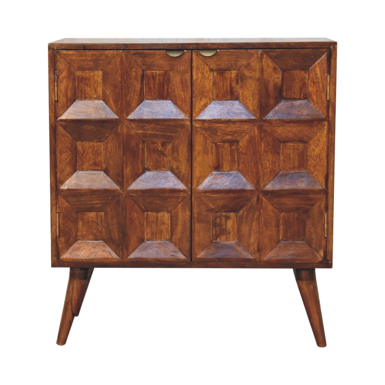 A mid-century modern quad cabinet made of warm brown mango wood with geometric 3d panel doors