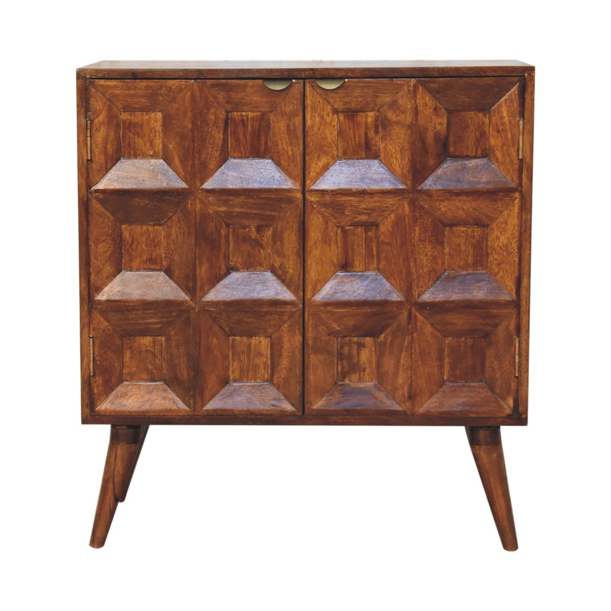 A mid-century modern quad cabinet made of warm brown mango wood with geometric 3d panel doors