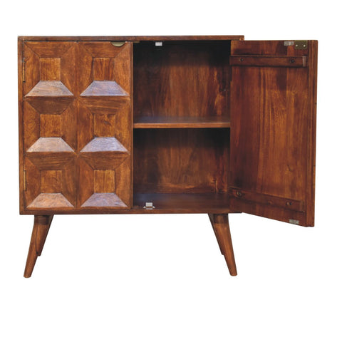 Mid-century modern quad cabinet wooden sideboard in mango wood with geometric paneling and tapered legs