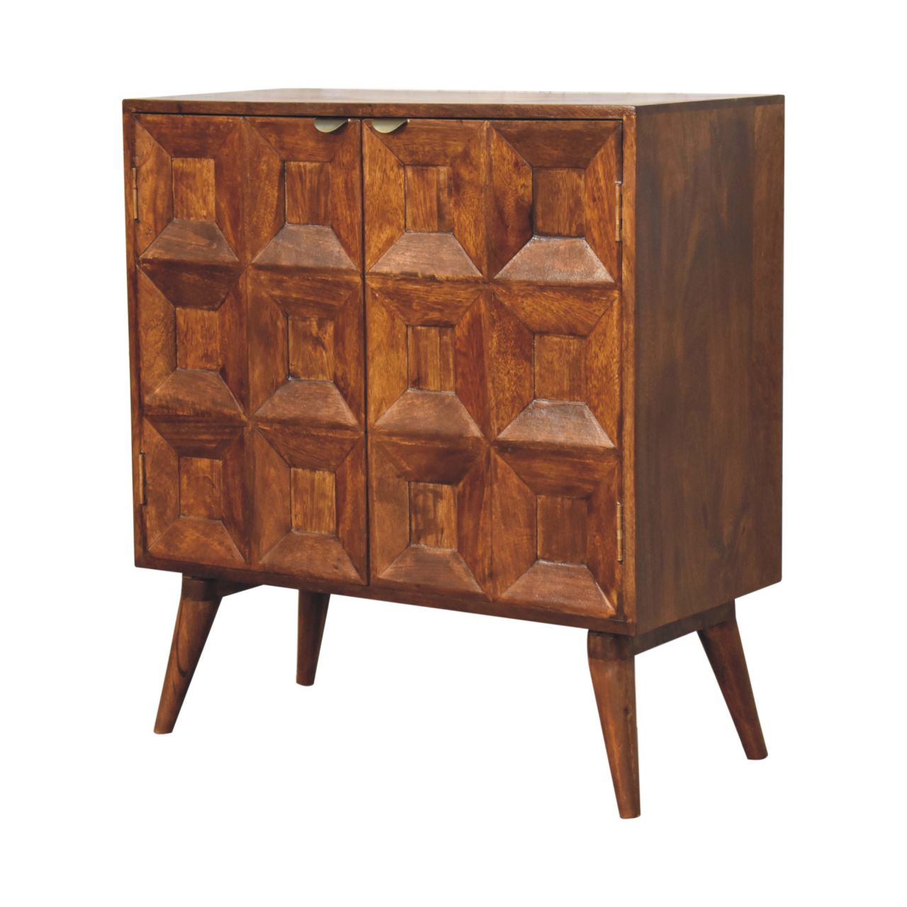 A rustic quad cabinet made of mango wood with geometric 3d pattern doors and tapered legs for stylish storage