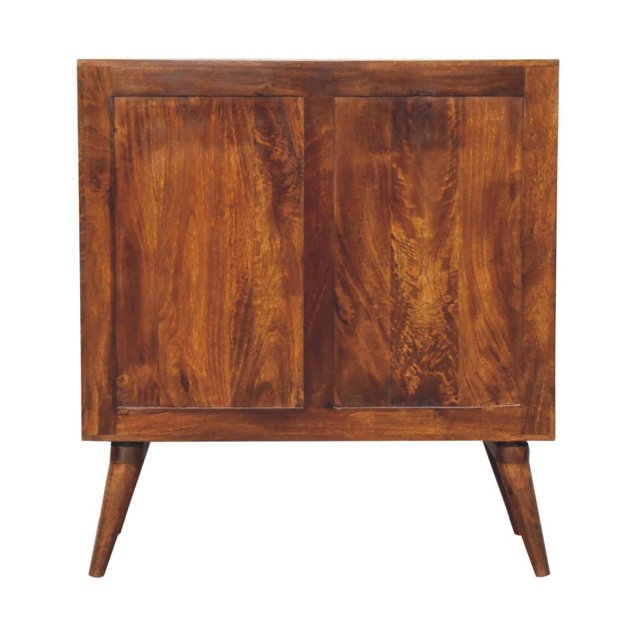 Rustic quad cabinet with two doors tapered legs rich brown mango wood finish showing natural wood grain