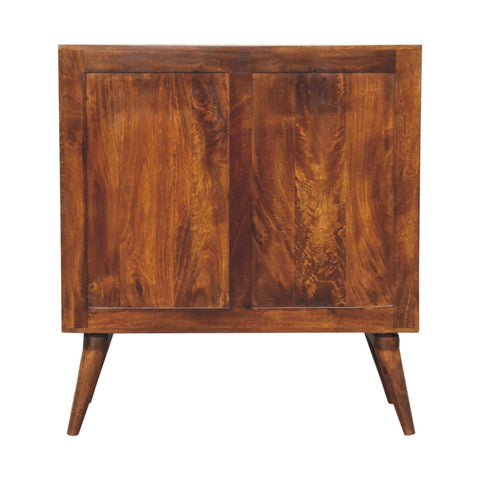 Rustic quad cabinet with two doors tapered legs rich brown mango wood finish showing natural wood grain