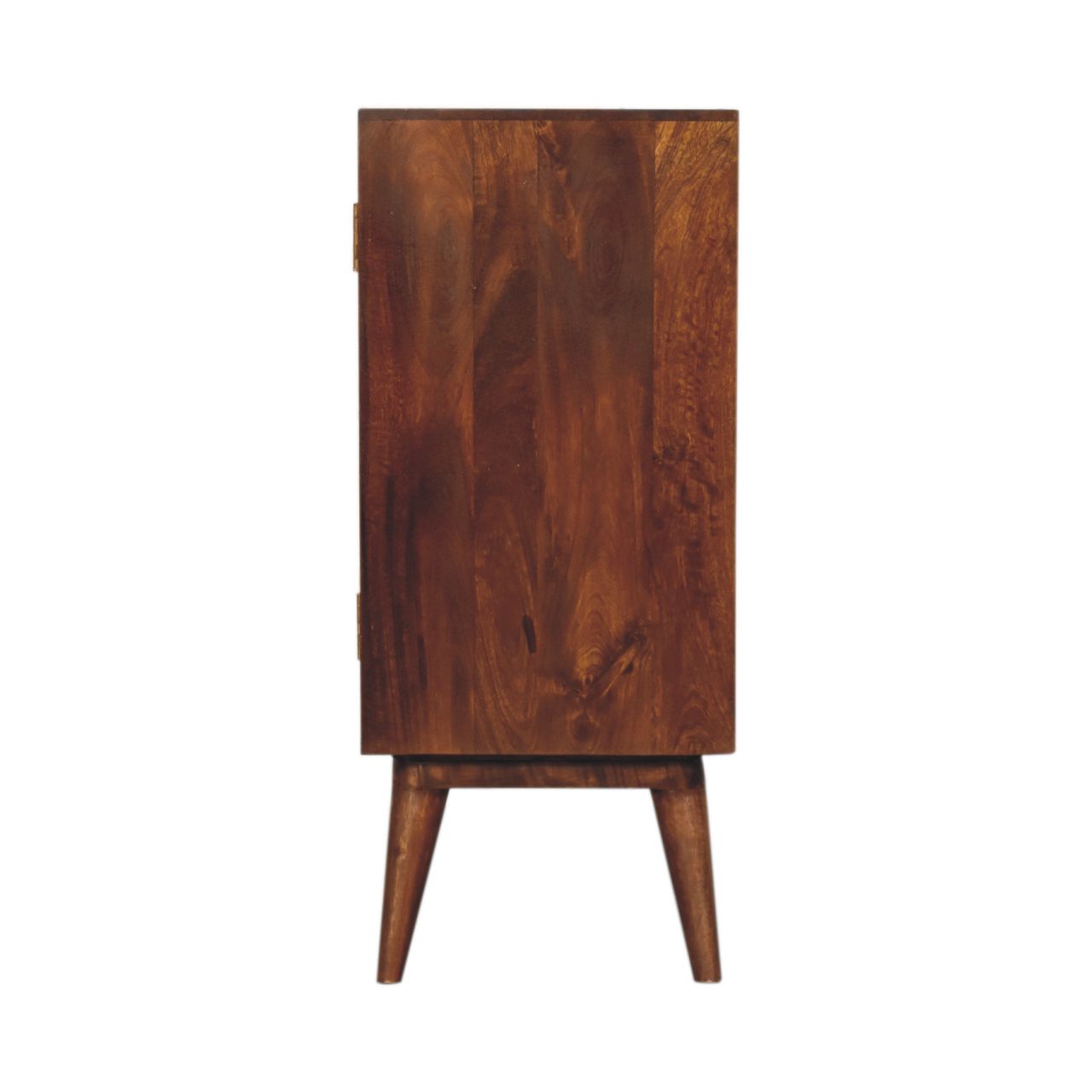 A sleek quad cabinet in dark brown mango wood with smooth finish and tapered legs perfect for stylish storage
