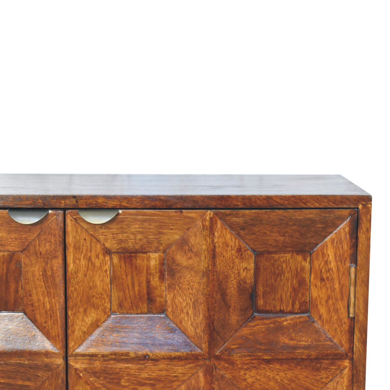 Warm mango wood quad cabinet with rich grain geometric inlay panels and curved silver handles