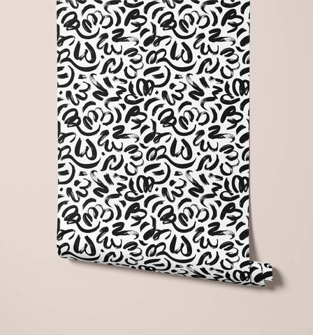 Black and white abstract brushstroke wallpaper with a modern artistic design from quake collection