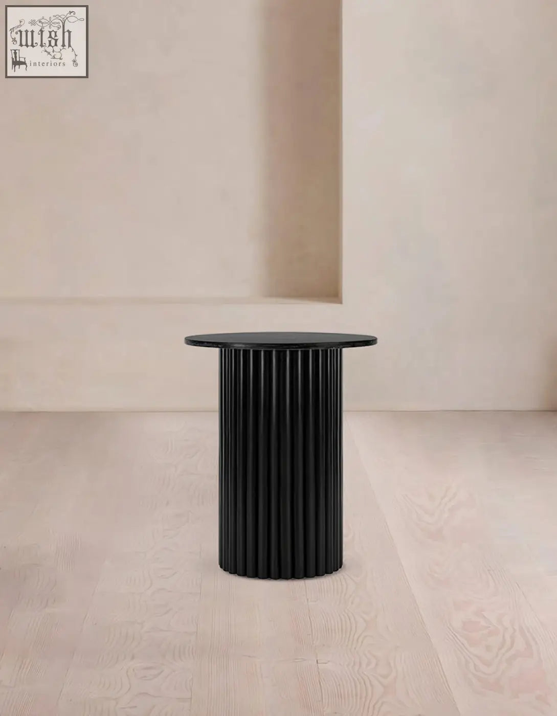 Black ribbed Qualls round side table with smooth matte black marble surface and sleek cylindrical design offer financing options