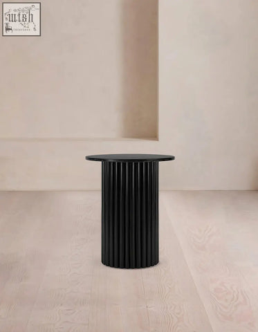 Black ribbed Qualls round side table with smooth matte black marble surface and sleek cylindrical design offer financing options