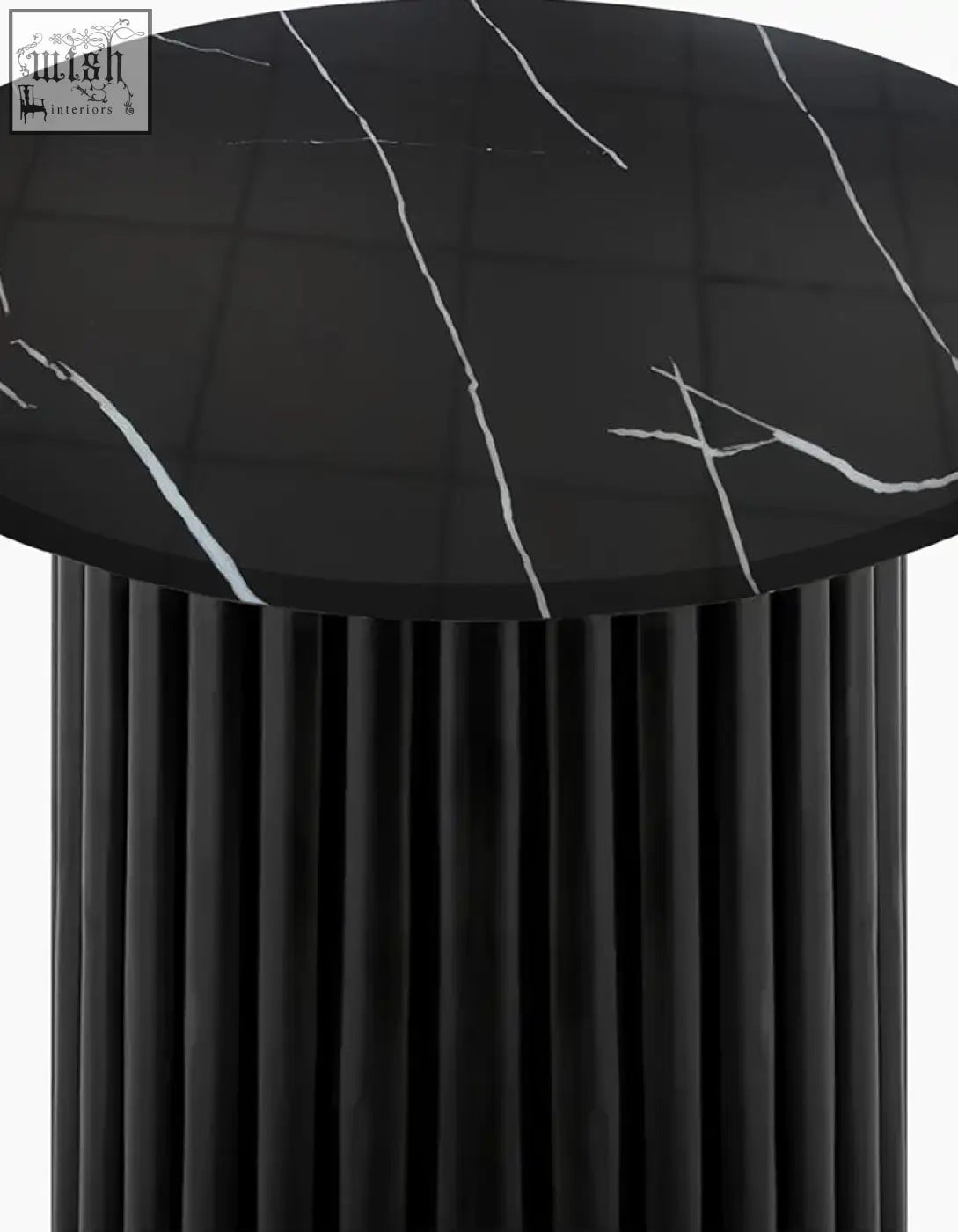 Qualls round side table with black marble surface and vertical fluted legs offering stylish marble finish and offer financing