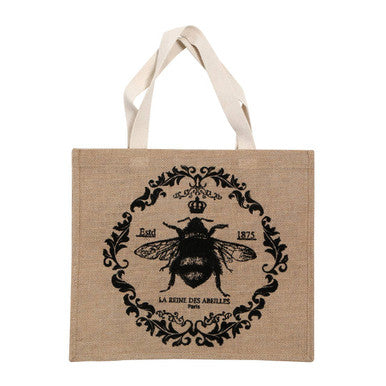 Beige jute shopping bag with black embroidered bee and ornate floral border design perfect for everyday use