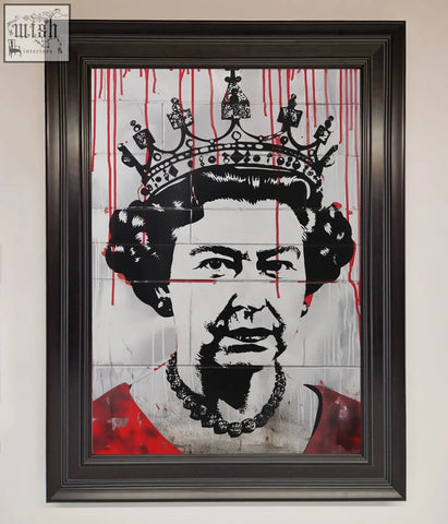 Black and red queen elizabeth graffiti red blood stencil portrait framed in dark wood on tiled wall poster