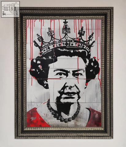 Framed black and white stencil portrait of queen elizabeth ii with graffiti red blood drips on tiled panels poster