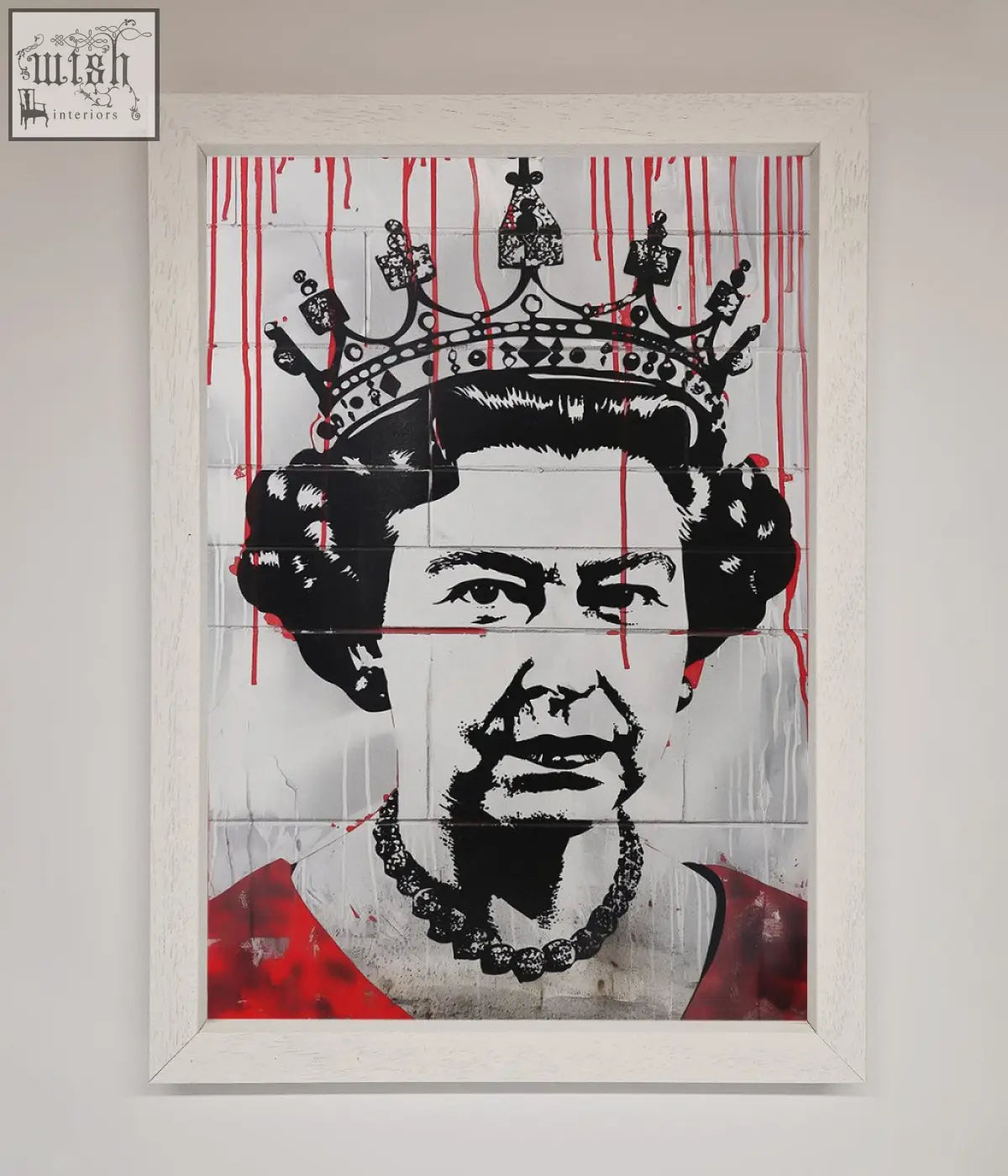 A queen elizabeth graffiti red blood framed poster with a black and white portrait and red drips in a white wooden frame
