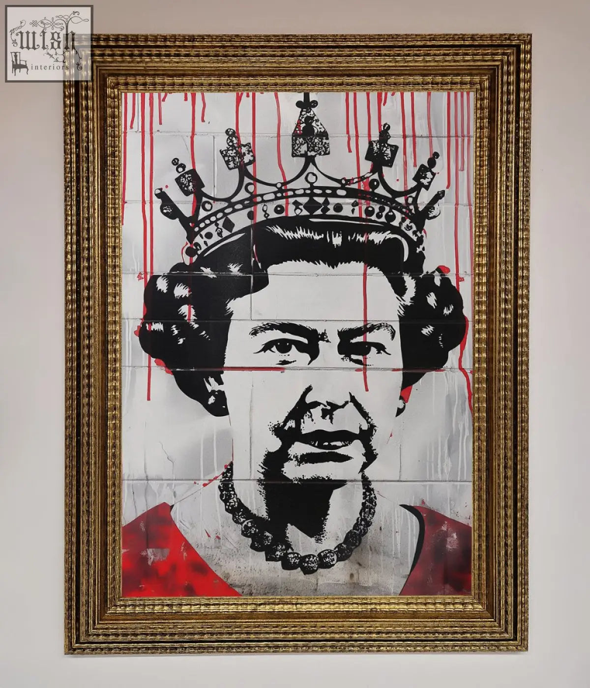 A framed queen elizabeth graffiti poster in bold black and white with striking red drips called elizabeth graffiti red blood