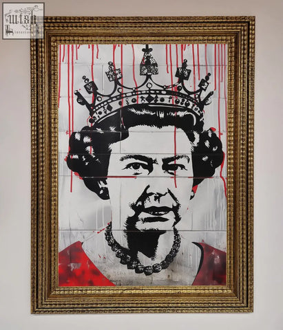 A framed queen elizabeth graffiti poster in bold black and white with striking red drips called elizabeth graffiti red blood
