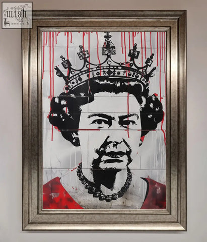 A queen elizabeth graffiti framed poster with red blood drips on black and white tiled portrait in a silver frame