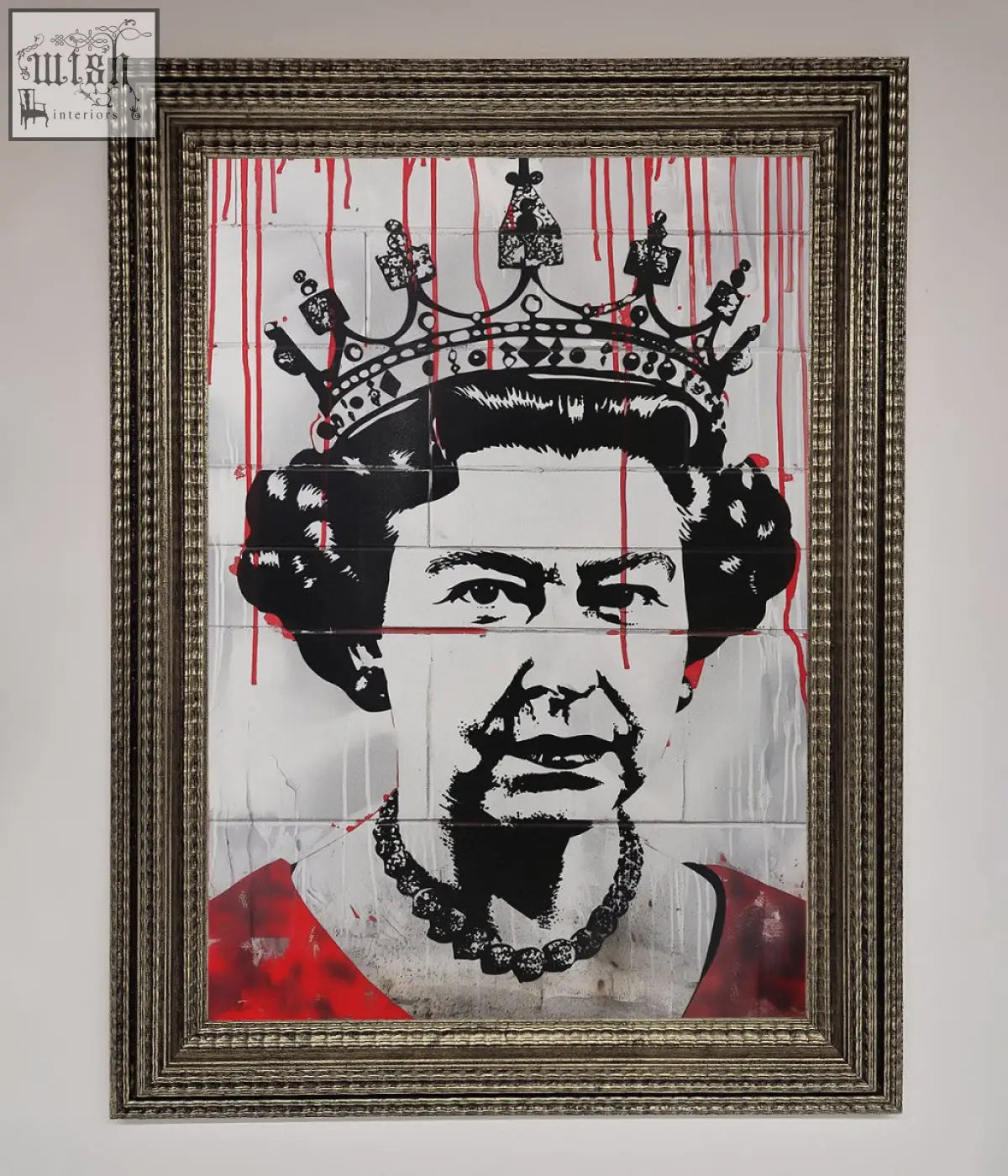 A framed black-and-white queen elizabeth graffiti stencil portrait with red drips wearing a crown and pearl necklace