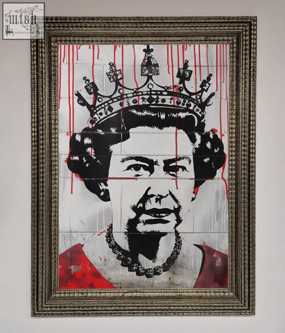 A framed black-and-white queen elizabeth graffiti stencil portrait with red drips wearing a crown and pearl necklace