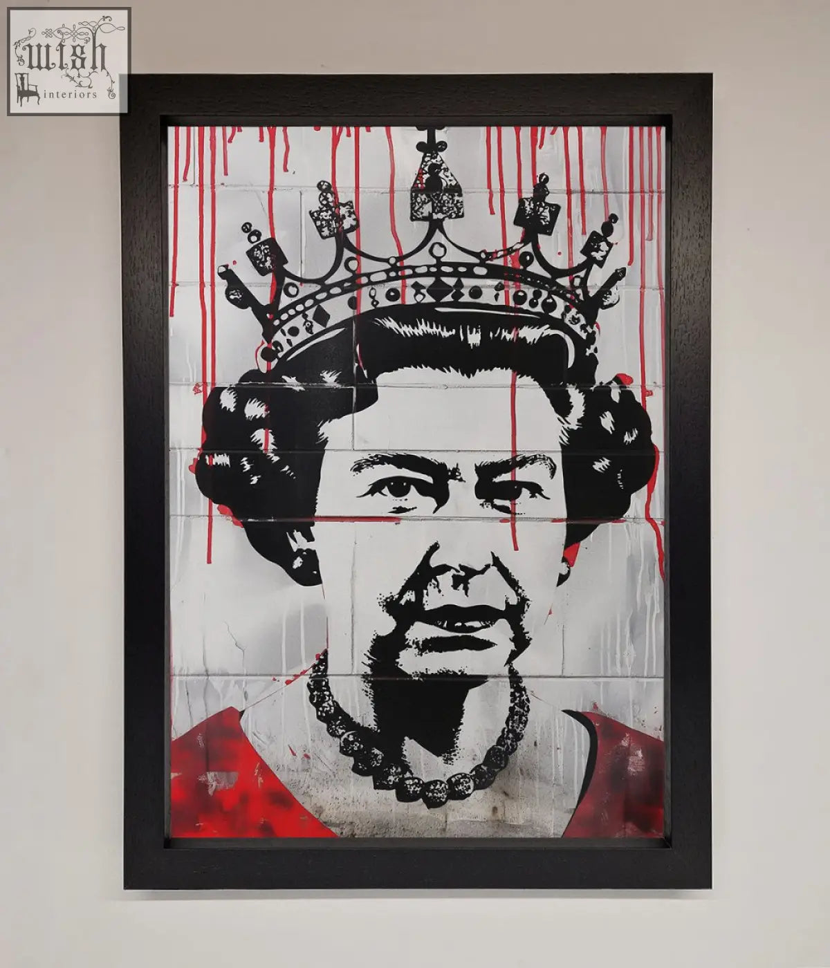 Black-framed queen elizabeth graffiti poster in bold black white with striking red blood drips perfect for street art fans