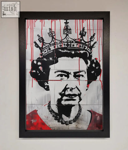 Black-framed queen elizabeth graffiti poster in bold black white with striking red blood drips perfect for street art fans