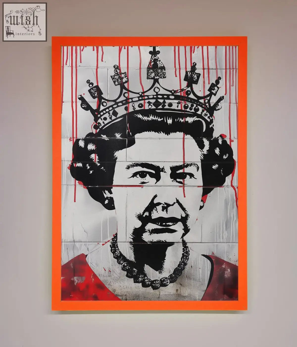 Orange-framed queen elizabeth graffiti poster with black and white portrait and red blood drips on tiled panels