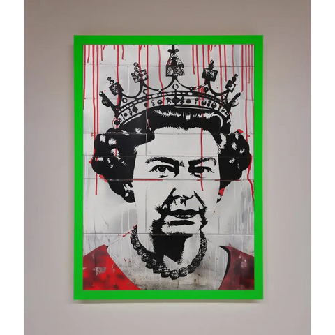 Queen Elizabeth Graffiti Red Blood Framed Poster - B0 (100 x 141 cm) / Neon Dark Green - Framed Print