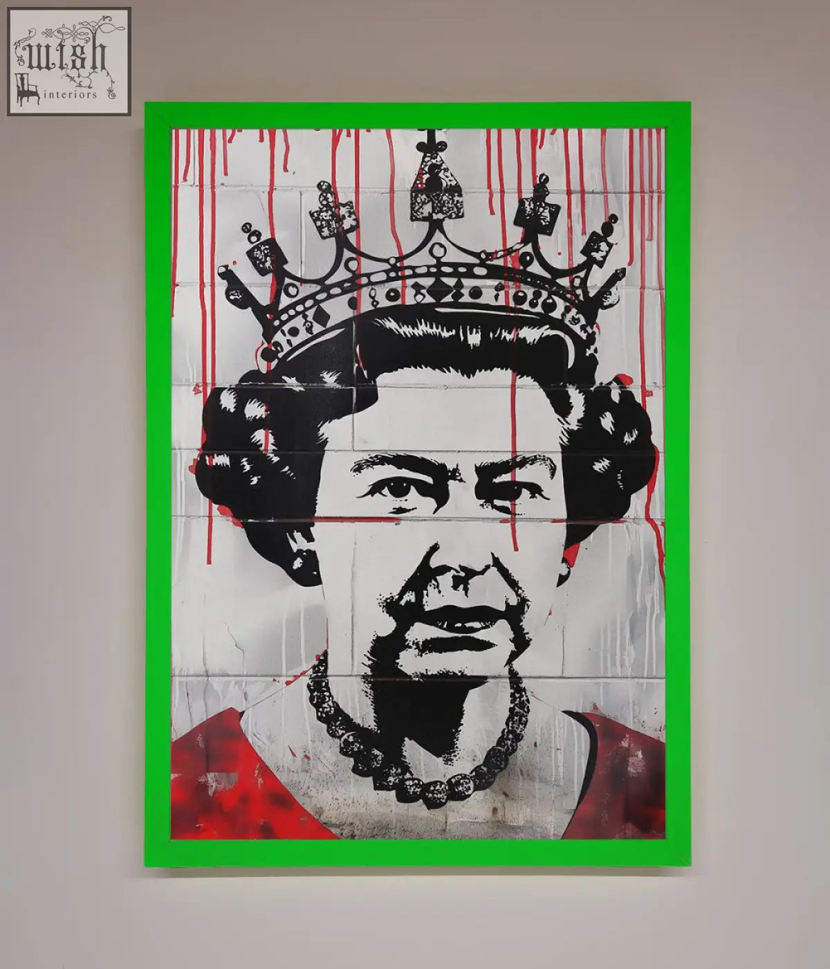 A bold green-framed queen elizabeth graffiti poster with black white portrait and red drips on tiled panels