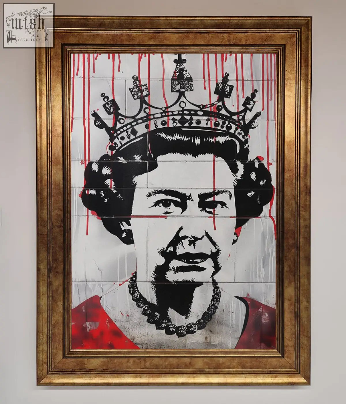 A framed queen elizabeth graffiti poster in bold black and white with striking red blood drips on a tiled background