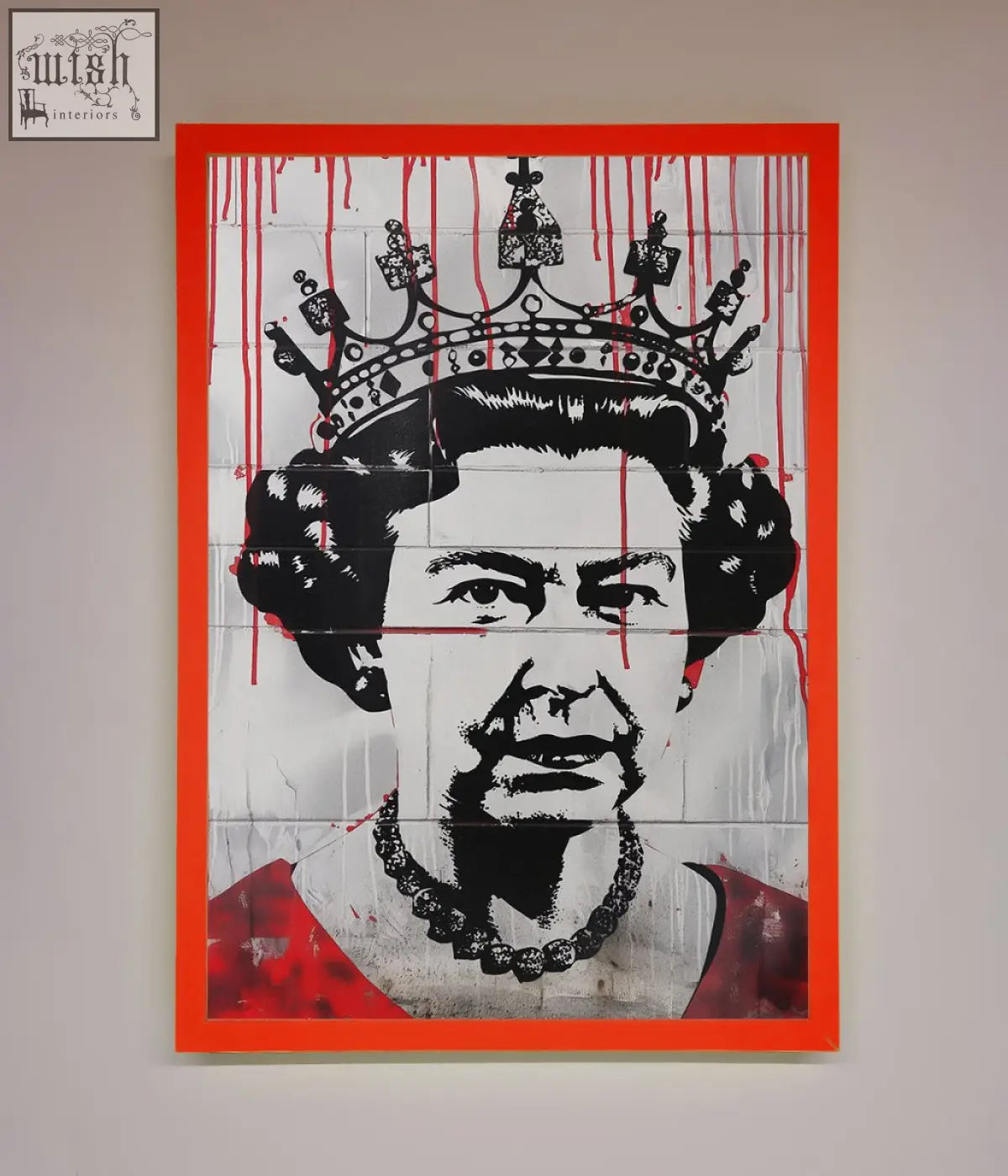 A bold queen elizabeth graffiti red blood framed poster featuring a stylized black and white portrait with red drips