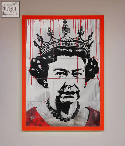 A bold queen elizabeth graffiti red blood framed poster featuring a stylized black and white portrait with red drips