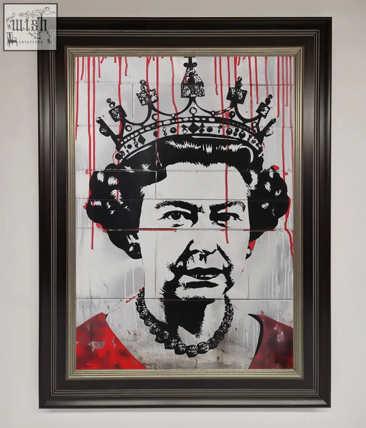 Black and red stencil queen elizabeth graffiti poster with dripping paint in dark frame titled elizabeth graffiti red blood