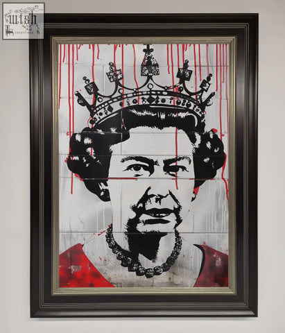 Black and red stencil queen elizabeth graffiti poster with dripping paint in dark frame titled elizabeth graffiti red blood