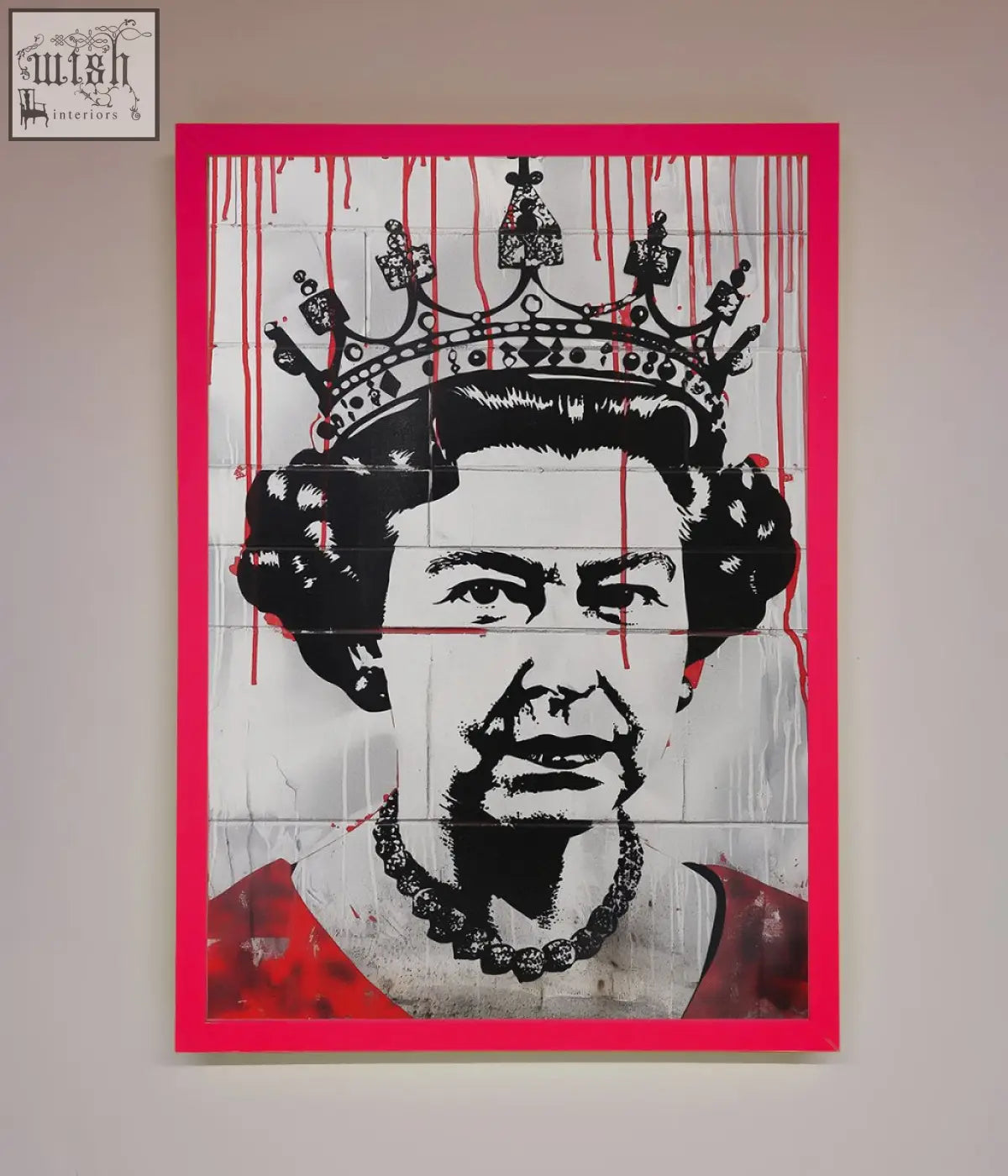 A bold pink-framed queen elizabeth graffiti poster featuring black and white portrait with red blood drips and tiled texture