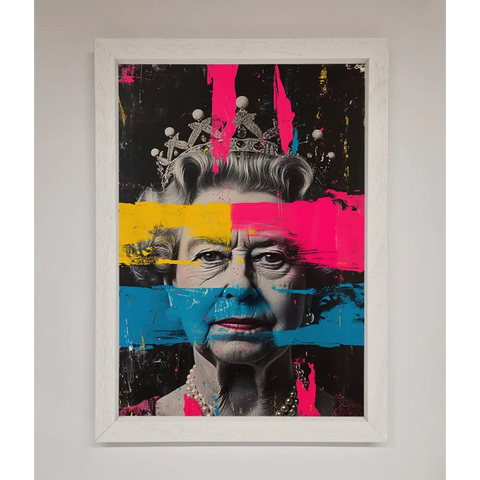 Queen Elizabeth Paint Splatter Framed Wall Art - A3 (29.7 x 42 cm) / White - Framed Print