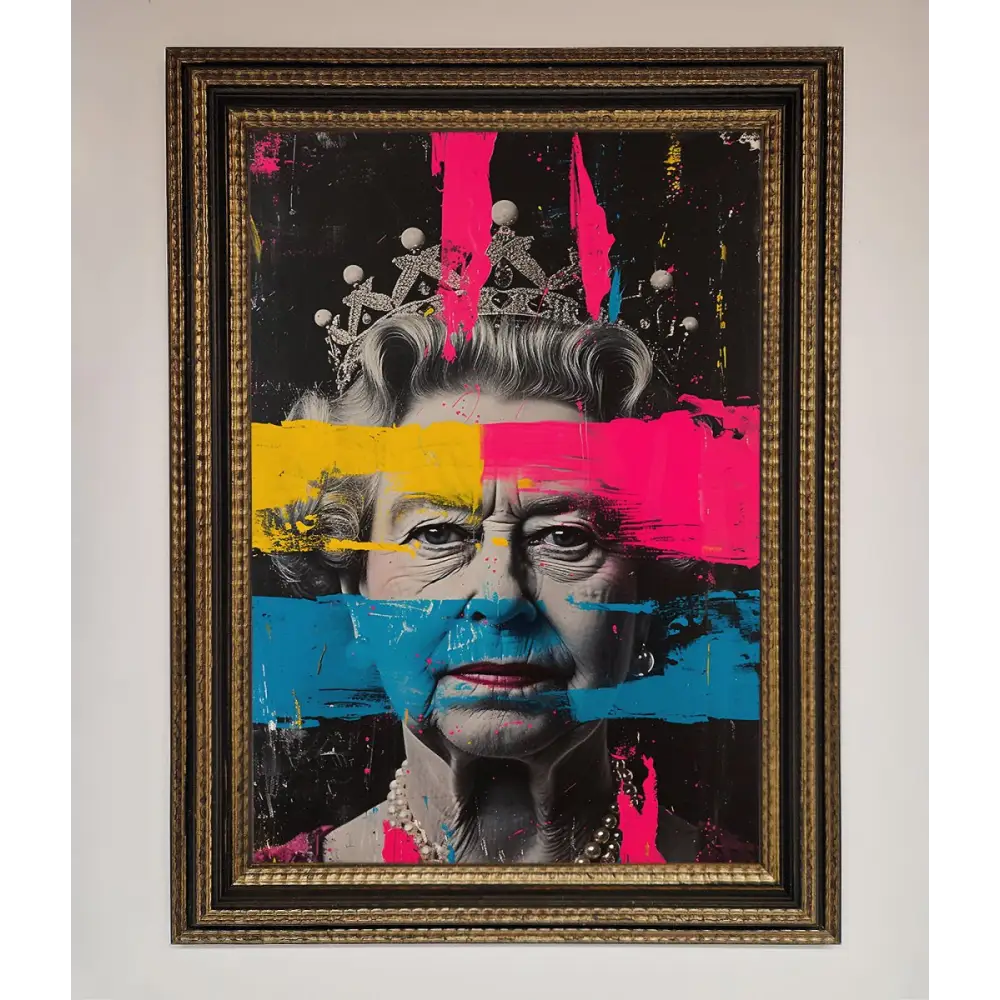 Queen Elizabeth Paint Splatter Framed Wall Art - A3 (29.7 x 42 cm) / Ornate Gold Black - Framed Print