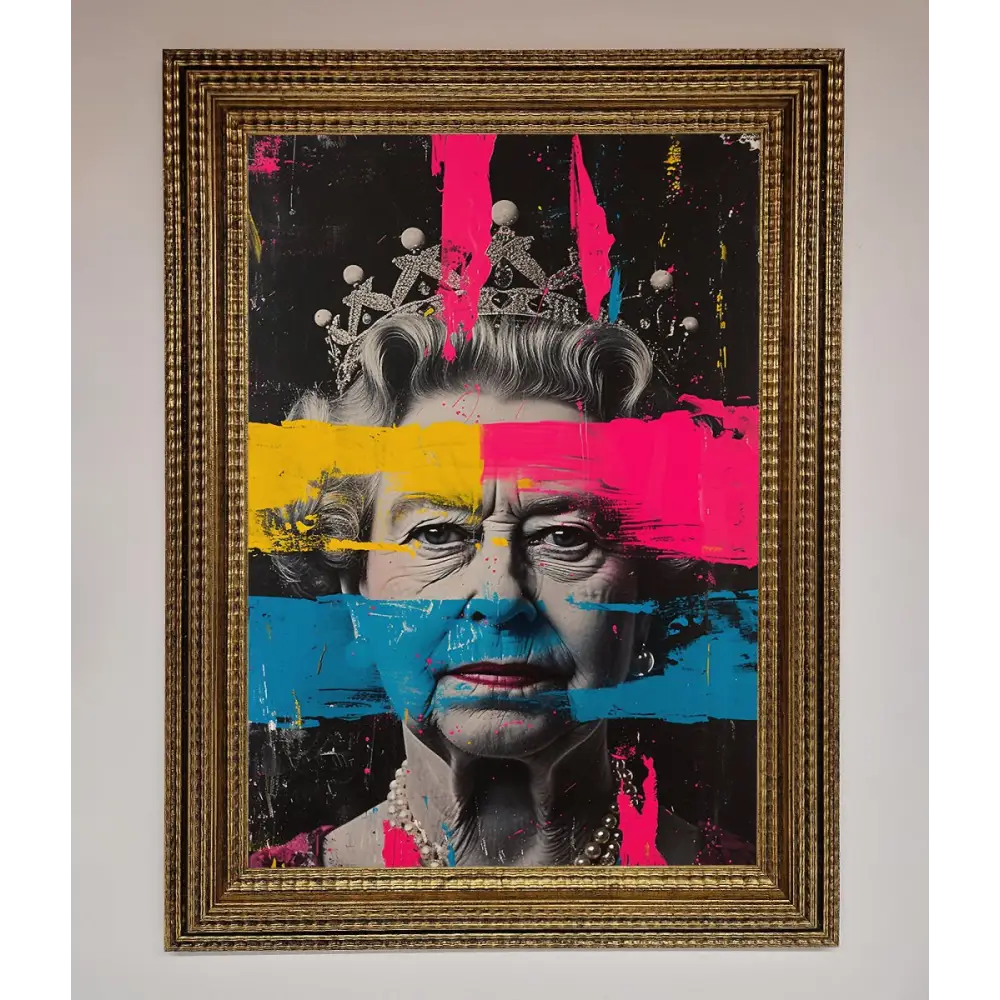 Queen Elizabeth Paint Splatter Framed Wall Art - A3 (29.7 x 42 cm) / Ornate Gold - Framed Print