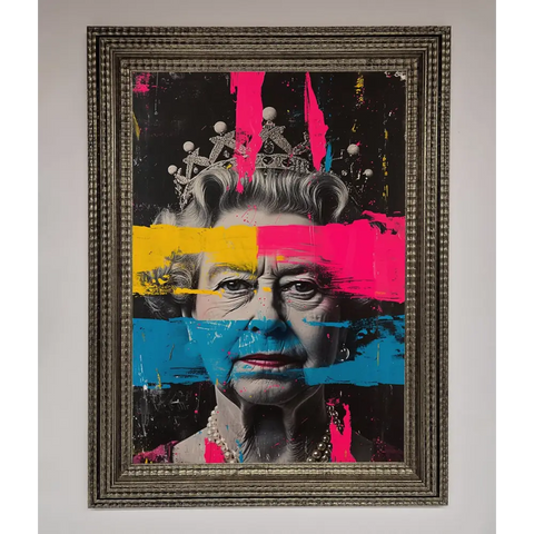 Queen Elizabeth Paint Splatter Framed Wall Art - A3 (29.7 x 42 cm) / Ornate Silver - Framed Print