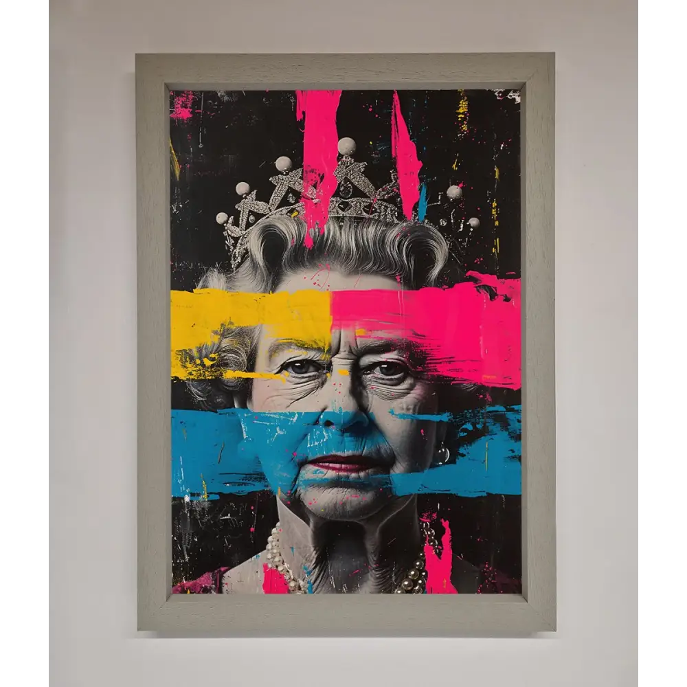 Queen Elizabeth Paint Splatter Framed Wall Art - A3 (29.7 x 42 cm) / Grey - Framed Print