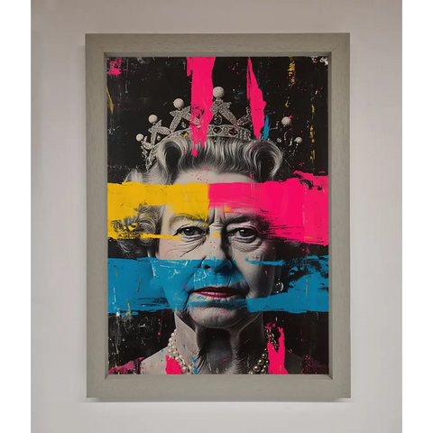 Queen Elizabeth Paint Splatter Framed Wall Art - A3 (29.7 x 42 cm) / Grey - Framed Print