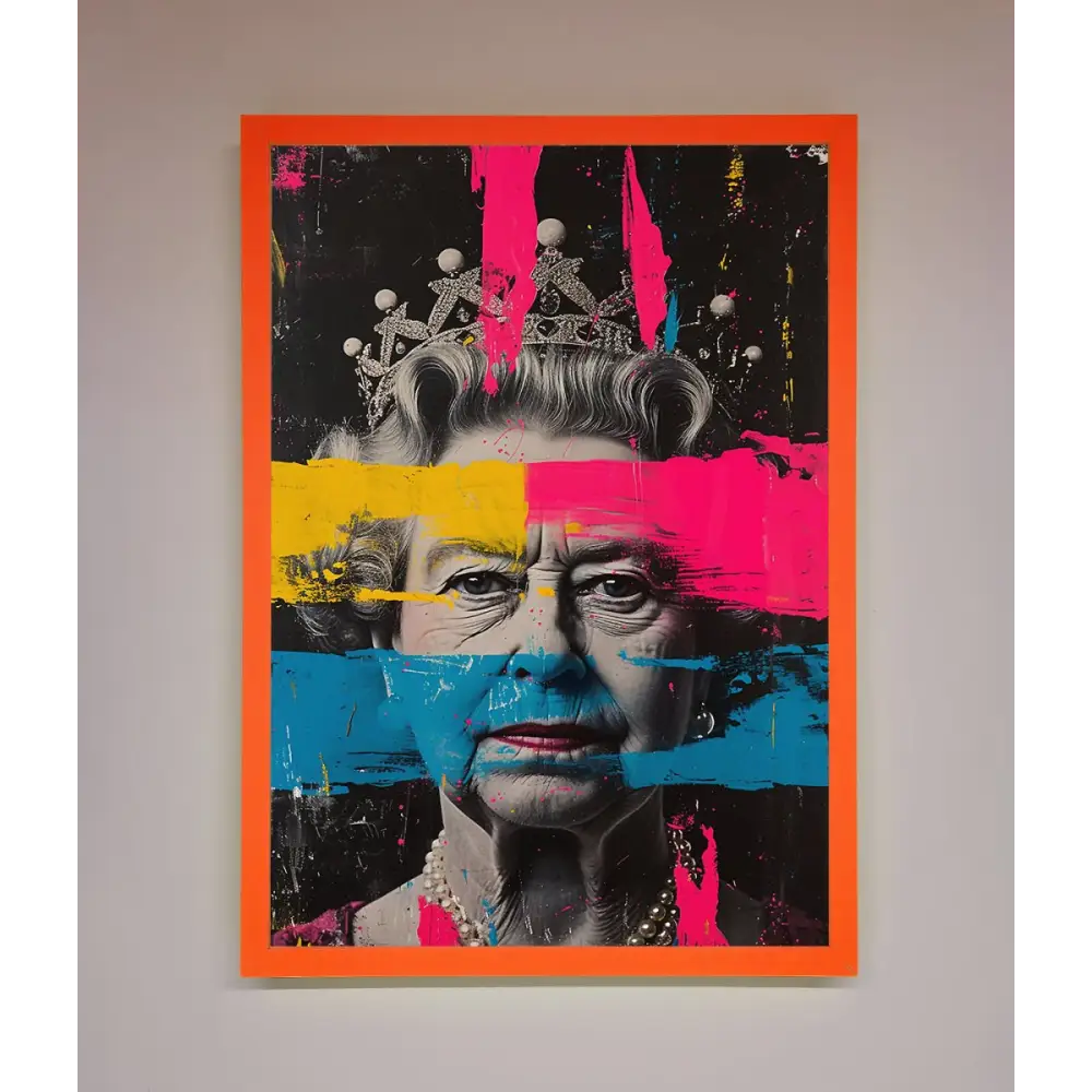 Queen Elizabeth Paint Splatter Framed Wall Art - A3 (29.7 x 42 cm) / Neon Orange - Framed Print