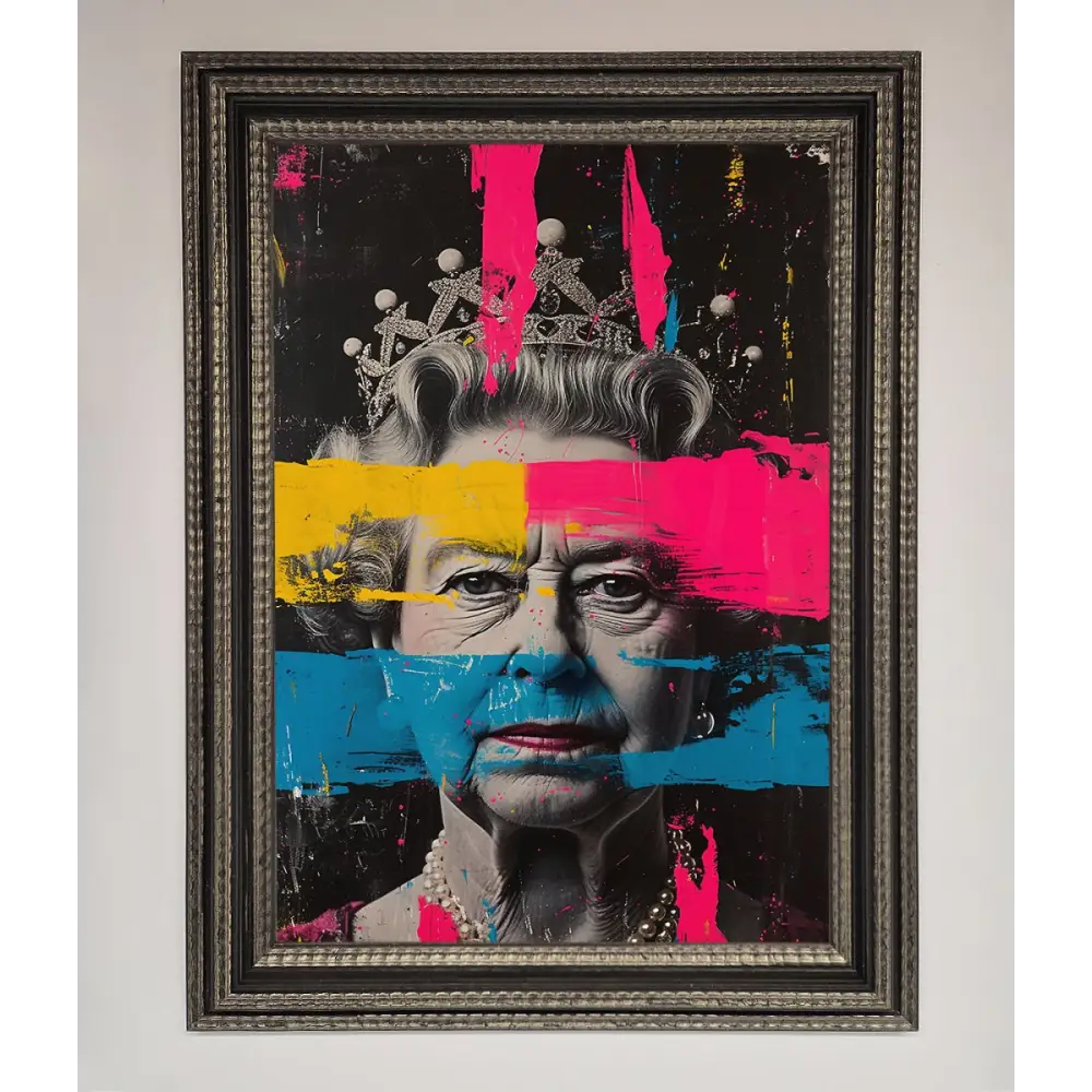 Queen Elizabeth Paint Splatter Framed Wall Art - A3 (29.7 x 42 cm) / Ornate Silver Black - Framed Print