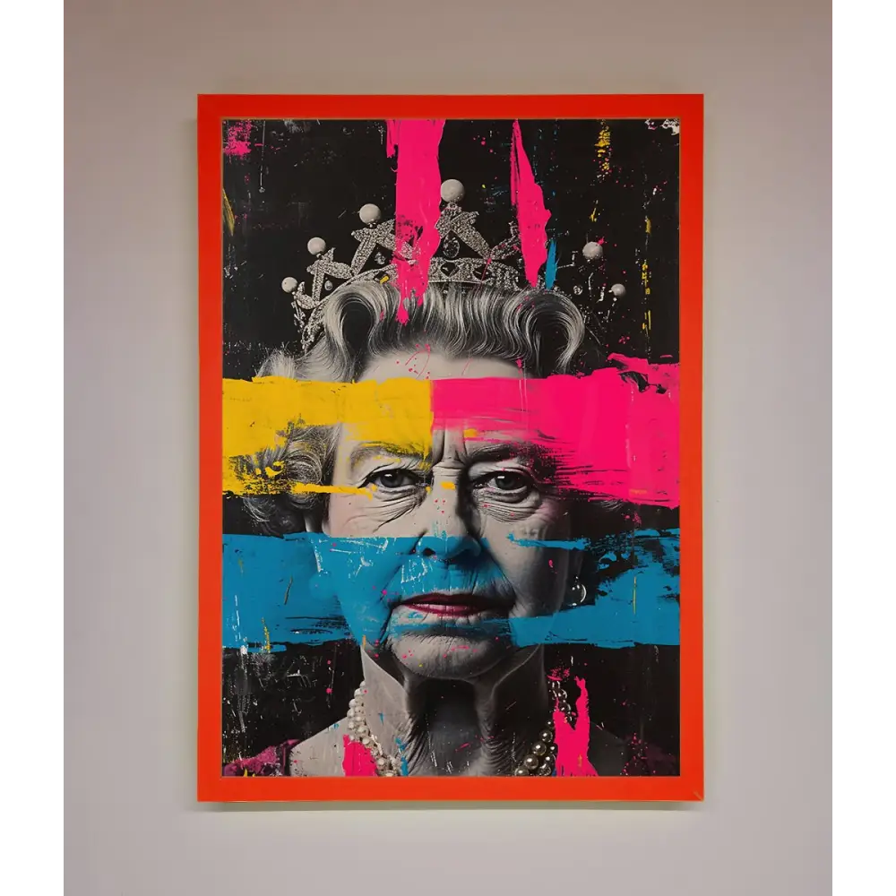 Queen Elizabeth Paint Splatter Framed Wall Art - B0 (100 x 141 cm) / Neon Red - Framed Print