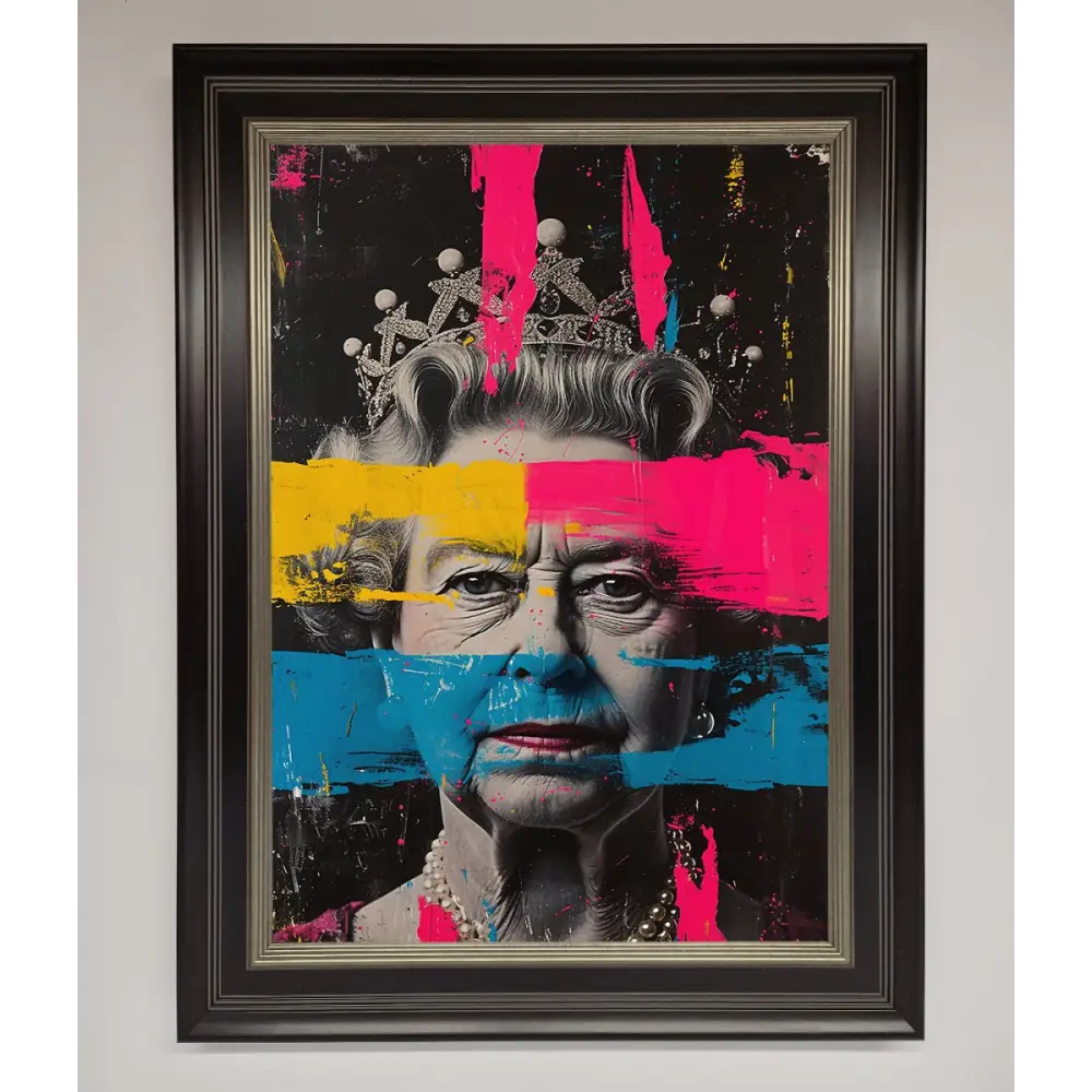 Queen Elizabeth Paint Splatter Framed Wall Art - B0 (100 x 141 cm) / Black Silver - Framed Print